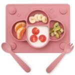 Suction Plates for Baby Placemat Spoon Fork Set for Toddlers, Silicone Baby Plates with Suction Baby Dishes for Kids Plates-pale mauve