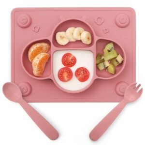 Suction Plates for Baby Placemat Spoon Fork Set for Toddlers, Silicone Baby Plates with Suction Baby Dishes for Kids Plates-pale mauve