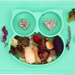 Silicone Divided Toddler Plates - Portable Non Slip Suction Plates Placemat for Children Babies and Kids BPA Free Baby Dinner Plate Bowl (Owl-Cyan)