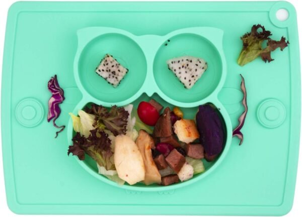 Silicone Divided Toddler Plates - Portable Non Slip Suction Plates Placemat for Children Babies and Kids BPA Free Baby Dinner Plate Bowl (Owl-Cyan)