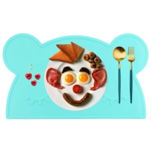 Toddlers Non-Slip Silicone Placemat Cute Bear Kids Placemats Washable Dining Table Food Mat for Children Baby,Mint Green