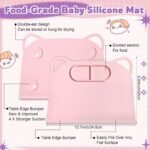 1 Pack Silicone Suction Placemat with Teething Edge Bumper/Spill for Baby Toddlers Kids with Storage Bag, Non-Slip Dinning Table Mat, Dishwasher Safe for Table (Pink)
