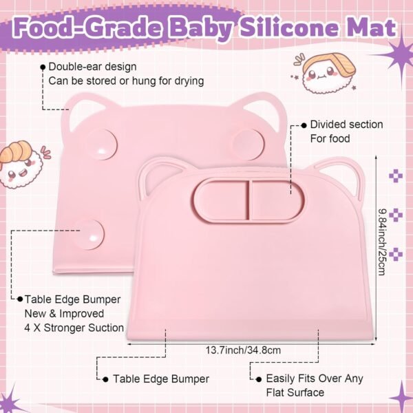1 Pack Silicone Suction Placemat with Teething Edge Bumper/Spill for Baby Toddlers Kids with Storage Bag, Non-Slip Dinning Table Mat, Dishwasher Safe for Table (Pink)