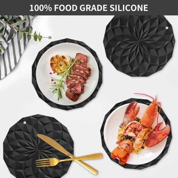Silicone Trivet Mats - 4 Pack Pot Holders - 7.4'' Thickened Hot Pads for Hot pots, Pans and Dishes, Heat Resistant Silicone Trivet for Table and Counter Top Black