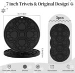 Silicone Trivet Mats 3 Pack – 7 Inch Heat-Resistant Non-Slip Hot Pads for Kitchen Countertops, Pot Holders, Spoon Rest, Jar Opener – Flexible & Durable Silicone Hot Mats (Black)