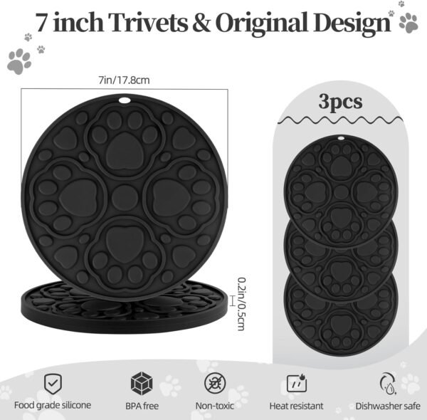 Silicone Trivet Mats 3 Pack – 7 Inch Heat-Resistant Non-Slip Hot Pads for Kitchen Countertops, Pot Holders, Spoon Rest, Jar Opener – Flexible & Durable Silicone Hot Mats (Black)