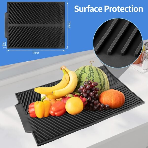 Silicone Dish Draining Mat with Drain Lip, Eco Friendly Dish Drying Mat Kitchen Counter Anti-Skid and Heat Insulation Pad, Hygienic Ultra Absorbent, Sturdy Compact Easy to Clean Tray (Black)