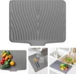 Silicone Dish Drying Mat for Kitchen Counter, Dish Drying Pad Non-Slip Dish Drain Pad with Built-in Drain Lip, Easy Clean Drain Rack Dish Mat for Kitchen Counter, Kitchenware(15.8"x 13")