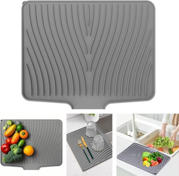 Silicone Dish Drying Mat for Kitchen Counter, Dish Drying Pad Non-Slip Dish Drain Pad with Built-in Drain Lip, Easy Clean Drain Rack Dish Mat for Kitchen Counter, Kitchenware(15.8"x 13")