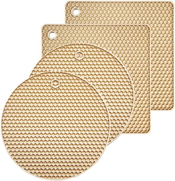 4 Pieces Silicone Trivet Mats, Pot Holders, Kitchen Tools, Heat Resistant Non-Slip Durable Pads for Dishes, Bowls, Jar Opener, Easy to Wash and Dry Pan Cushions (Beige)