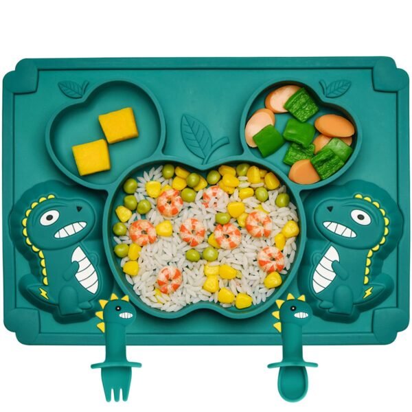 3Pcs Toddler Silicone Dinosaur Placemat Spoon and Fork Set,Divided Plate Dish for Baby Kids Infant Self Feeding Training，Non-Suction BPA Free Microwave Dishwasher Safe-Blue…