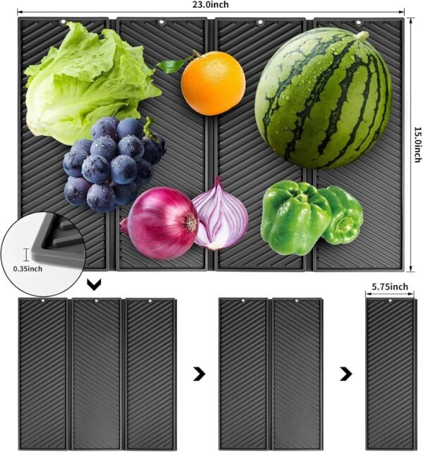 Silicone Dish Drying Mat for Kitchen Counter, Collapsible Four Fold Large Dish Drainer Mat, Kitchen Counter Anti-Skid and Heat Insulation Pad, 23 x15In Non-Slip Sink Mat Easy to Clean (fold-black)