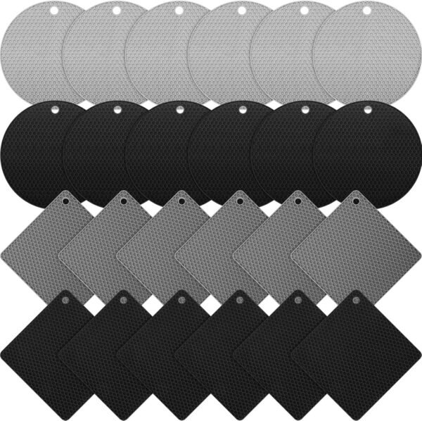 24 Pcs Silicone Trivets for Hot Dishes Non Slip Hot Pads for Kitchen Multipurpose Pot Holders for Kitchen Easy to Wash Heat Resistant Mat for Countertops Table, Gray and Black, Square and Round
