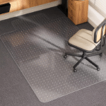Clear plastic office chair carpet pad with edging, 48 inches x 72 inches, heavy-duty, suitable for wheelchairs on low-pile carpets, for office or home use.