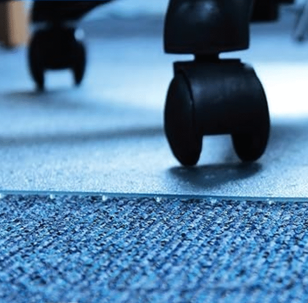 Large dining chair pad for low-pile rugs, 45 x 53 inches, with edging, fits under the table.