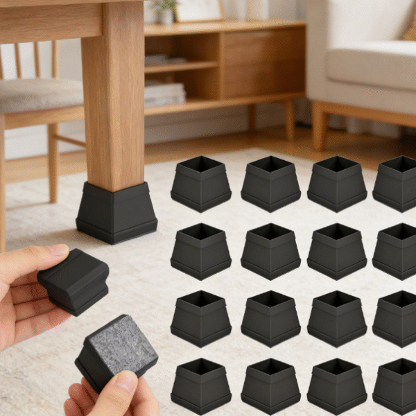 Square silicone table and chair leg protectors, with felt bottom, protects floors from scratches, movable mat, 1.5 inch, black, 16 pieces per pack
