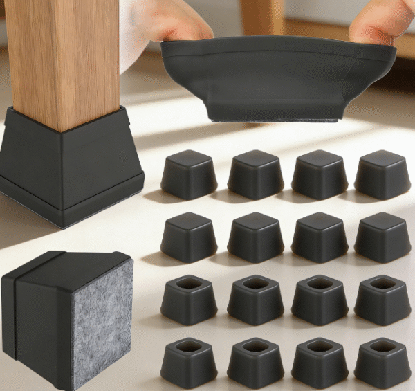 Square silicone table and chair leg protectors, with felt bottom, protects floors from scratches, movable mat, 1.5 inch, black, 16 pieces per pack