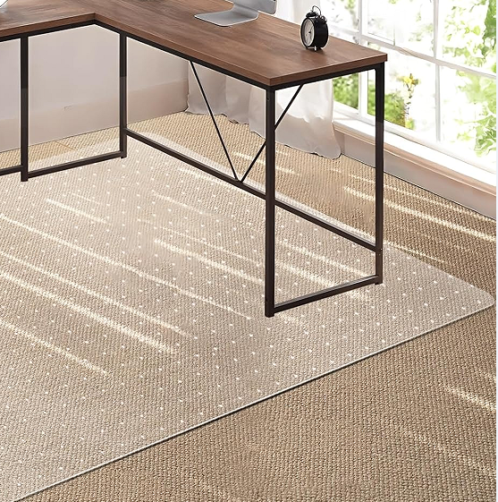Transparent dining room chair mat for carpets, 51x63 inches rectangular, easy to slide on, protects low-pile or non-pile carpets