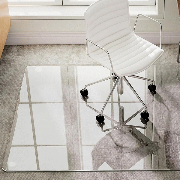 Heavy-duty tempered glass dining room floor protector, 54x32 inches, shatterproof, suitable for hardwood floors and carpets in home offices.