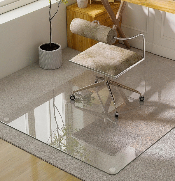Heavy-duty tempered glass dining room floor protector, 54x32 inches, shatterproof, suitable for hardwood floors and carpets in home offices.